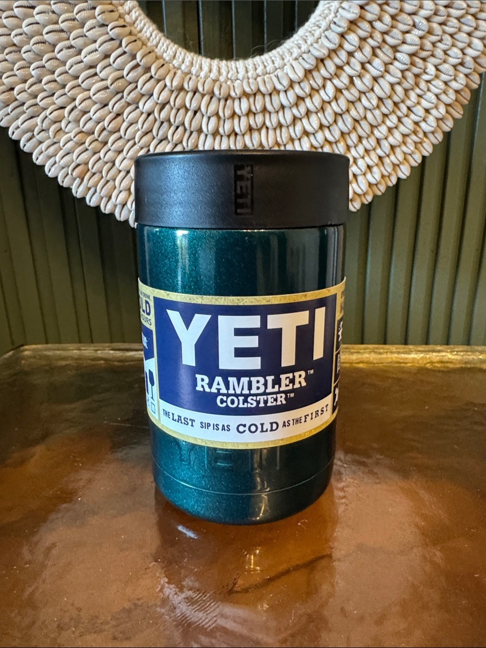 Yeti Rambler Colster in Metallic Teal with Black Lid